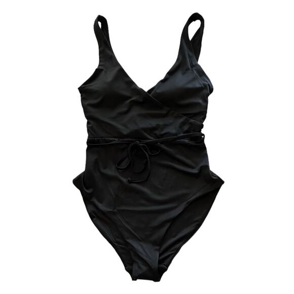 NWOT Andie The Belmar One Piece Swimsuit Crossover Tie Waist V Neck Black Size M - Picture 3 of 9